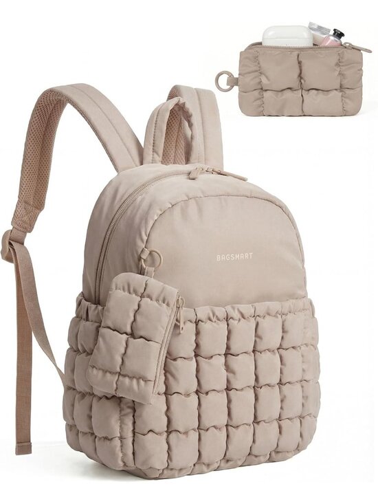 Women\'s Latte Brown Lightweight Quilted Mini Backpack 2-in-1 Travel College Bag main image 6